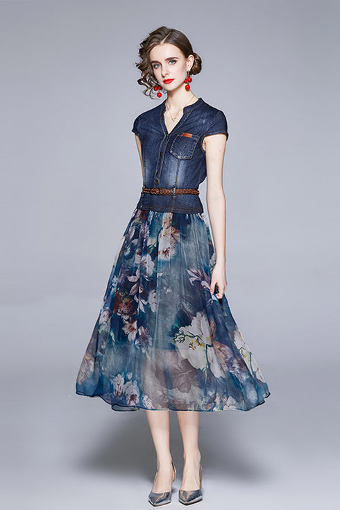 Charming & Vivid High Quality Women Autumn Dress, 2-Piece Set, Belted Denim Top + Chiffon Floral Skirt, Trendy Office & Evening Wear